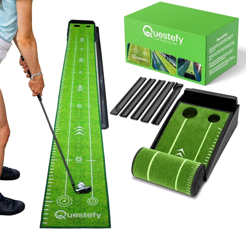 Questefy Putting Green Indoor | Wrinkle-Free Golf Mat with Auto Ball Return | Non-Slip Surface & Alignment Markings for Accurate Putting Practice at Home, Office & Outdoors | Improve Stroke Control & Precision - Image 1